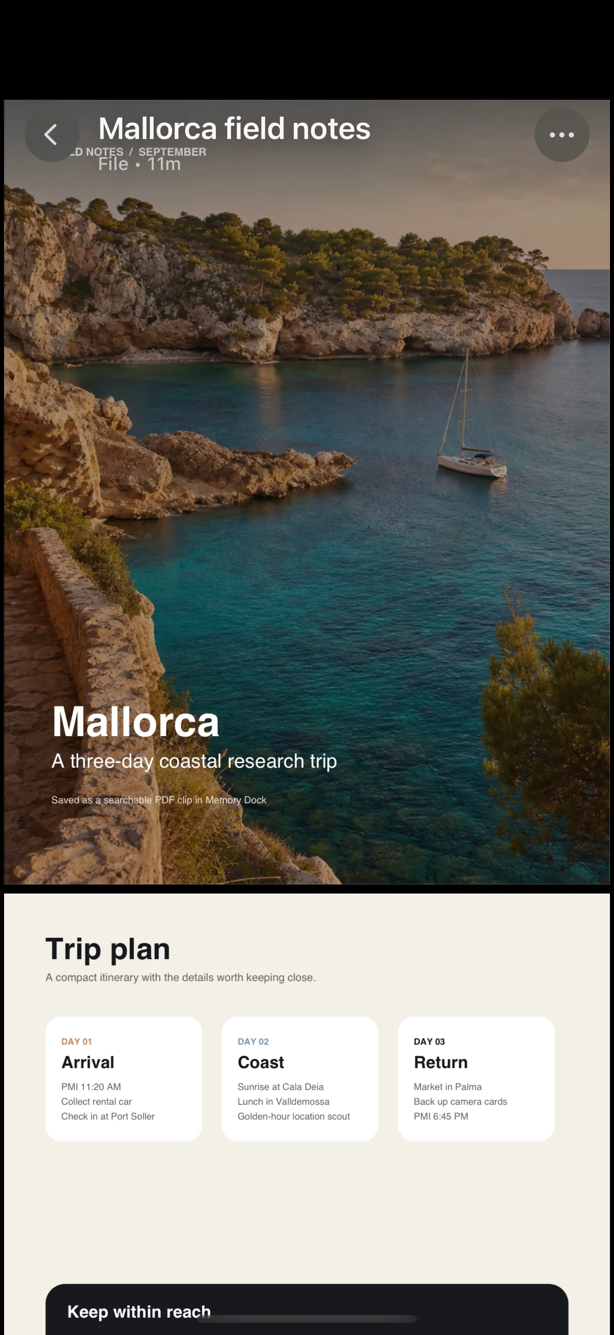 The Mallorca field-notes PDF open in Memory Dock on iPhone.
