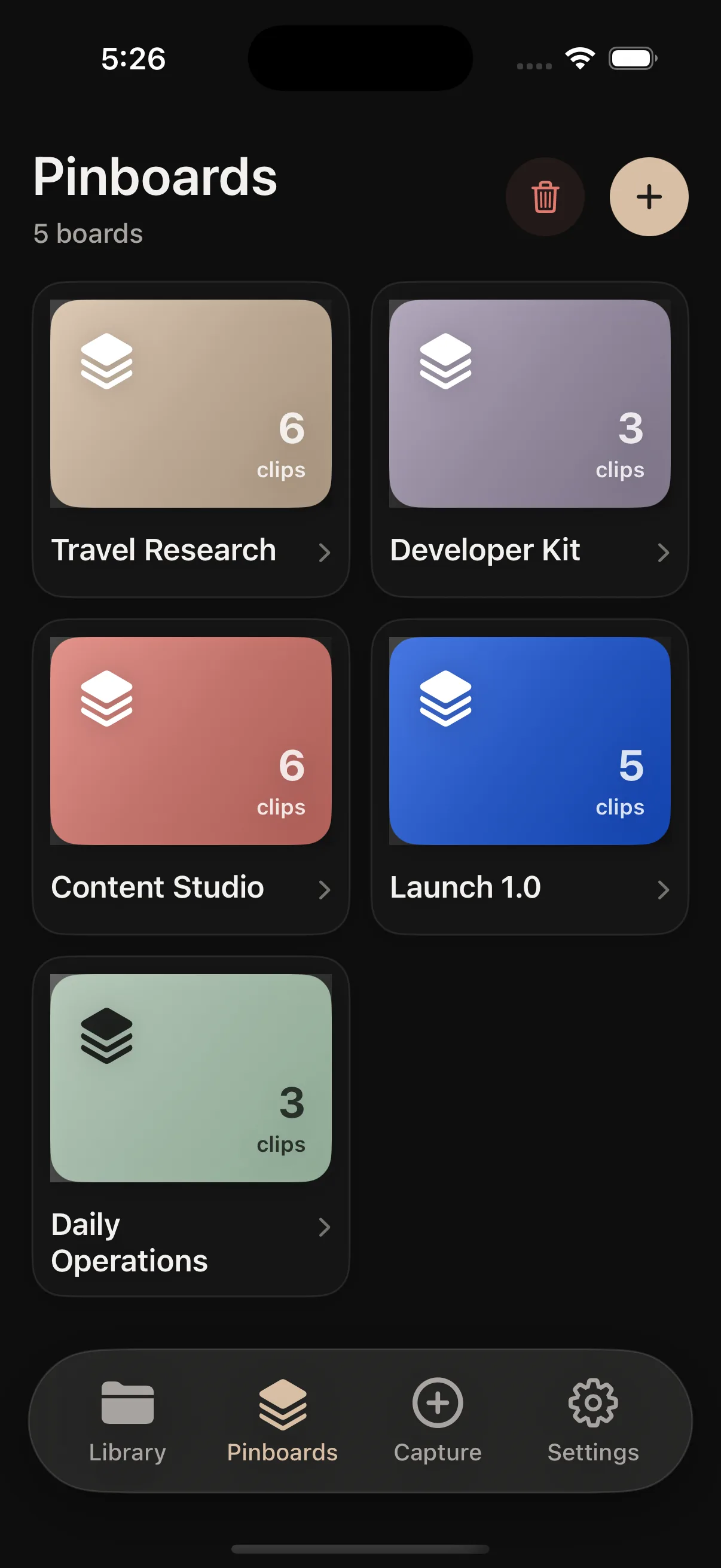 The same five practical pinboards on iPhone.
