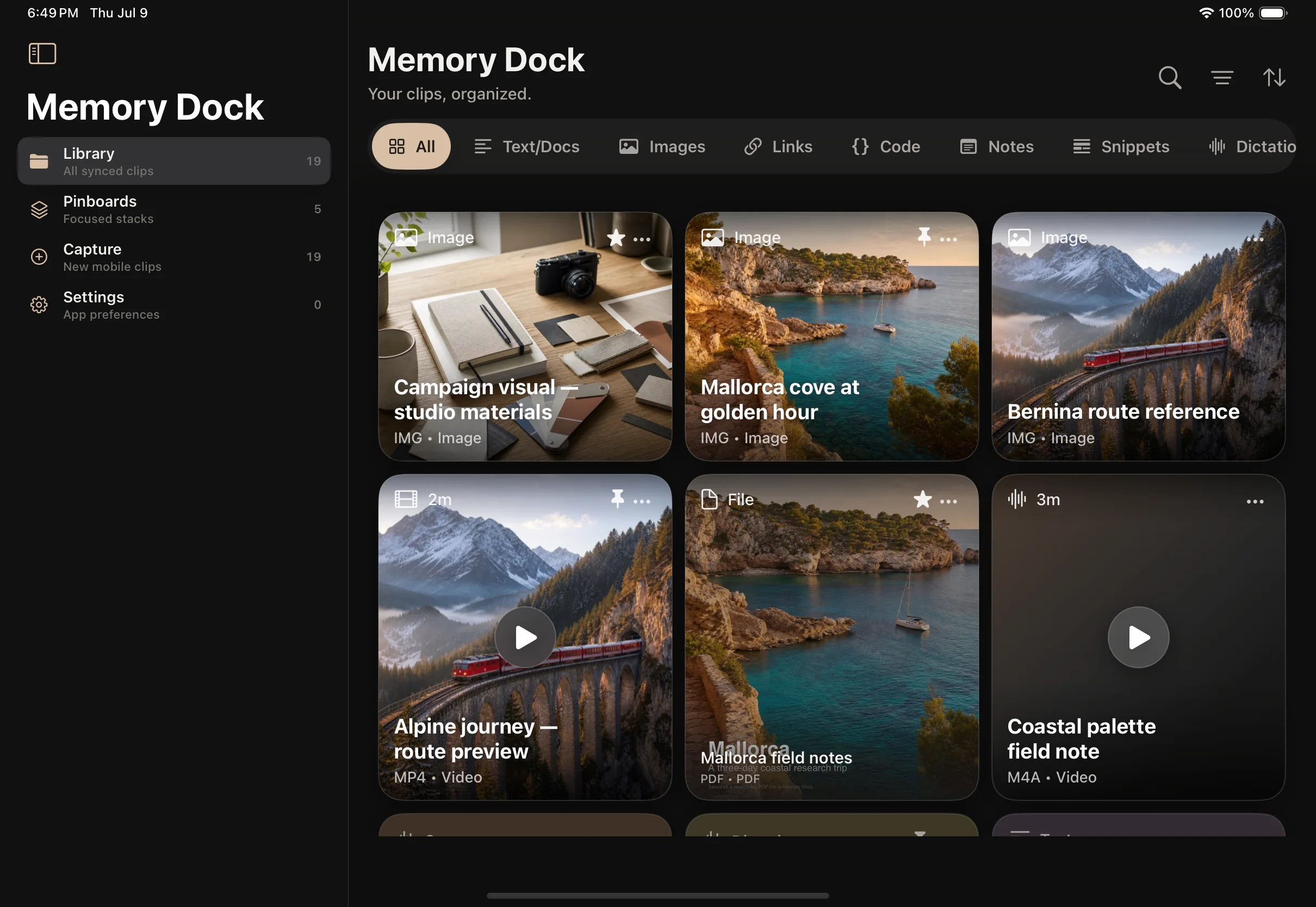 Memory Dock mixed-content library in a three-column iPad layout.