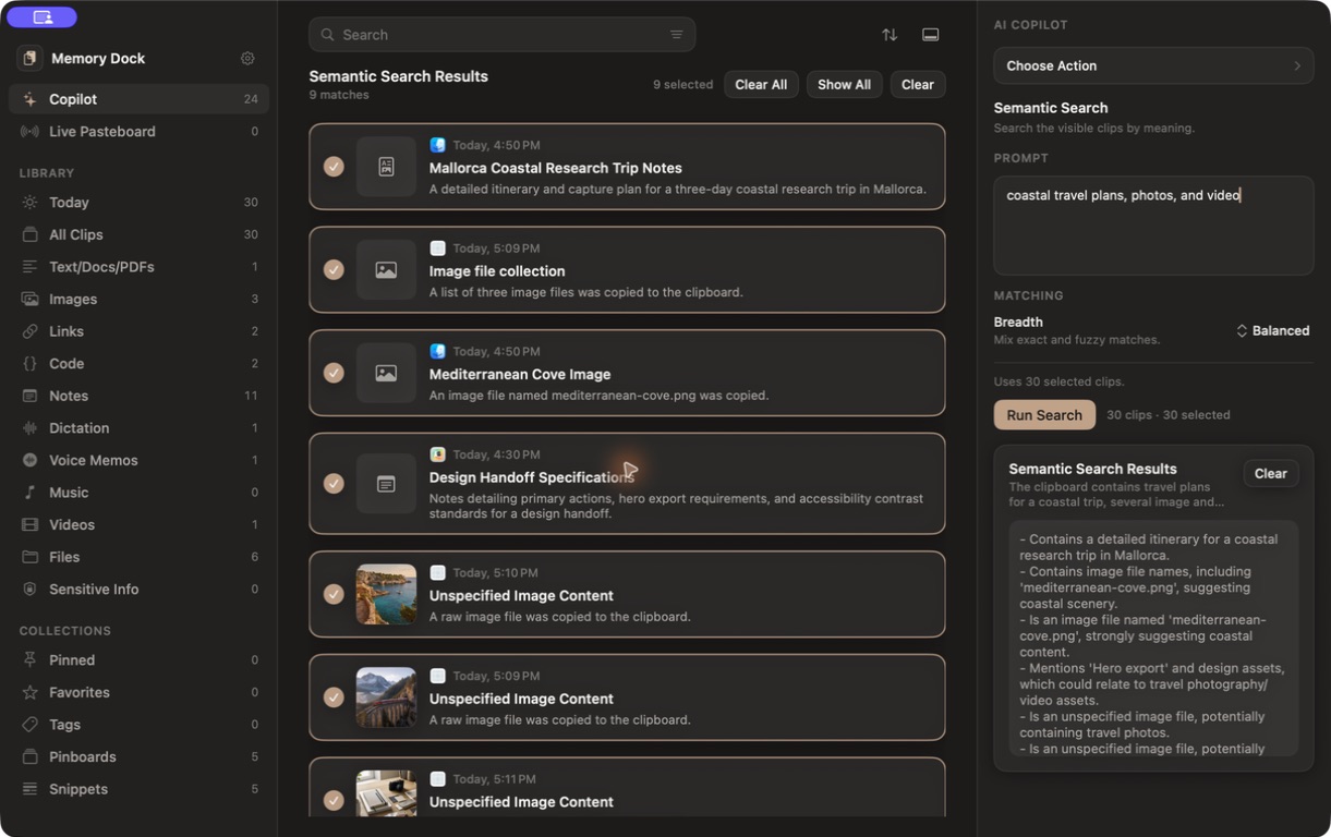 Memory Dock local semantic search selecting related clips by meaning.