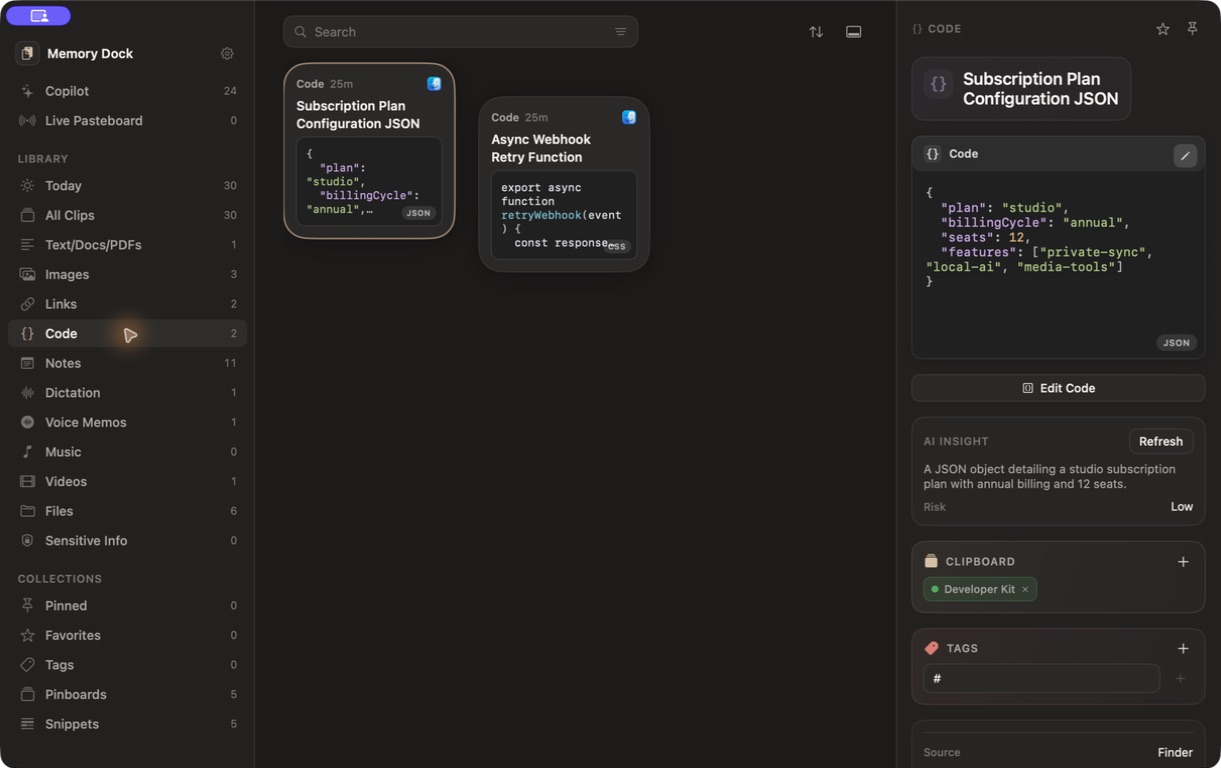 Memory Dock developer clips with formatted JSON and a JavaScript webhook retry function.