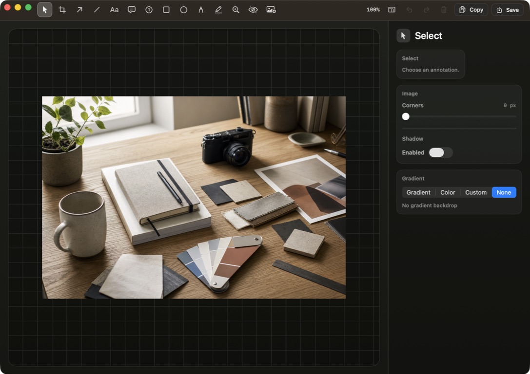 The real Memory Dock image editor with a design reference and annotation tools.
