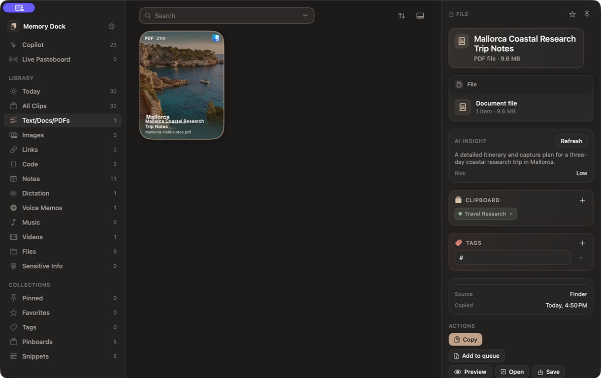 A Mallorca field-notes PDF inside Memory Dock.