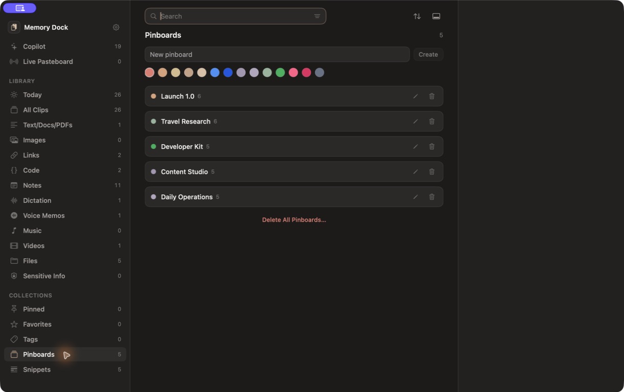 Memory Dock showing Launch 1.0, Travel Research, Developer Kit, Content Studio, and Daily Operations pinboards on Mac.