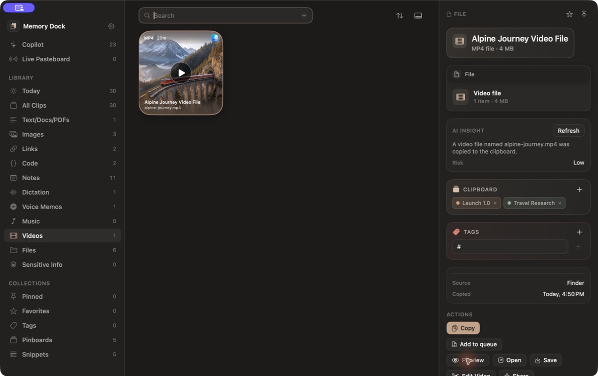 A saved video inside Memory Dock with preview, project, and save actions.