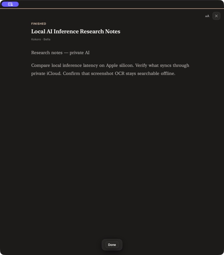 Memory Dock Zen Reader using the on-device Bella voice for a research note.
